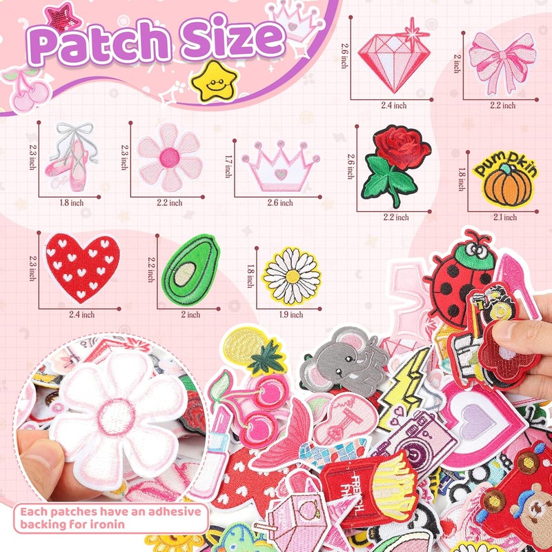 NICEVINYL Iron on Embroidery Patches for Backpacks: 70PCS Random Assortment Vibrant Designs Patch for Clothing Bag Hats Jackets Decor - Colorful and Pink Patches Sew On Appliques for DIY Craft - Image 2